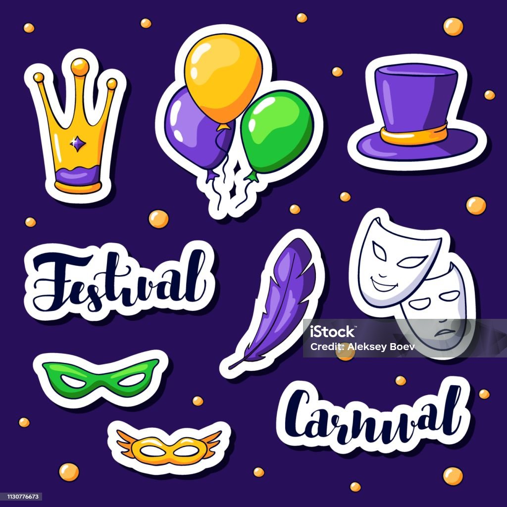Mardi Gras Stickers Set Vector Masks Hat Balloons Crown Further Mardi Gras  Carnival Elements In Doodle Style Stock Illustration - Download Image Now -  iStock