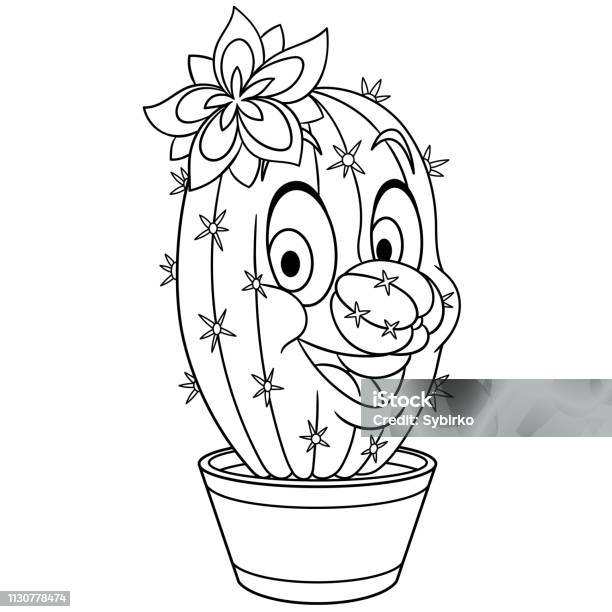 Coloring Page Of Cartoon Cactus Flower In A Pot Stock Illustration - Download Image Now - Anthropomorphic Face, Art, Art And Craft