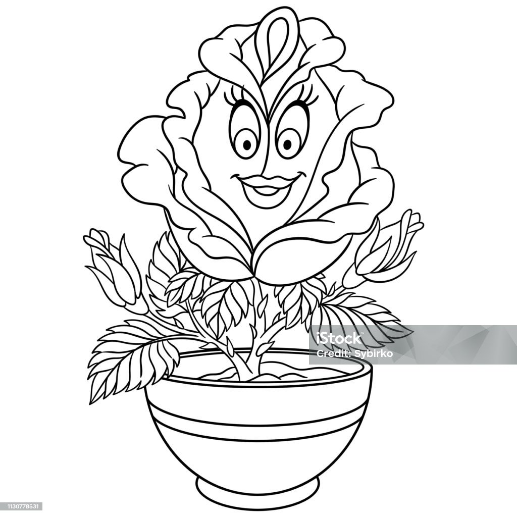 Ilustración de Página Para Colorear De La Flor De Rosa De Dibujos Animados  En Una Olla y más Vectores Libres de Derechos de Arabesco - Diseño - iStock