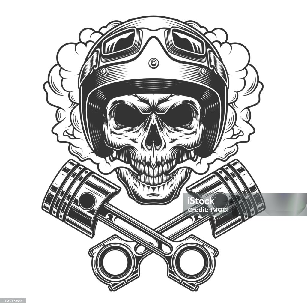 Moto racer skull in smoke cloud Moto racer skull in smoke cloud with crossed engine pistons in vintage monochrome style isolated vector illustration Skull stock vector