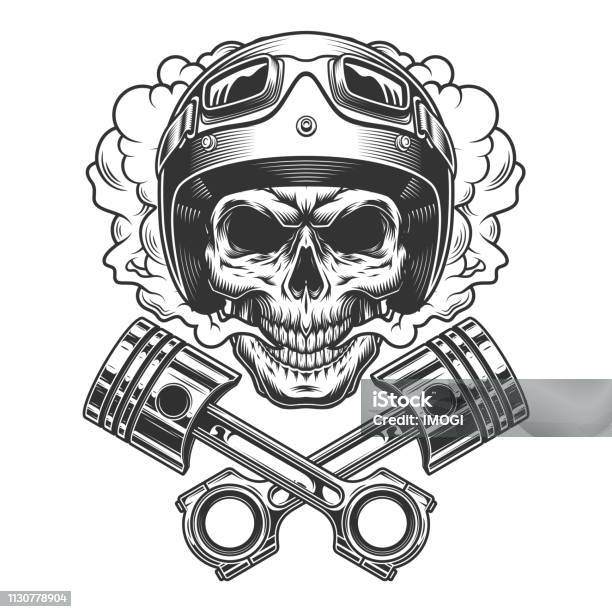 Moto Racer Skull In Smoke Cloud Stock Illustration - Download Image Now - Skull, Biker, Piston