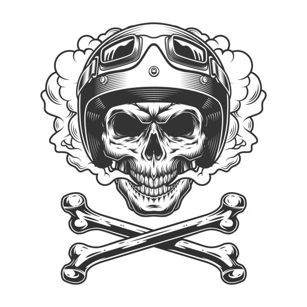 oldtimer motorradfahrer schädel in rauchwolke - crossed bones stock-grafiken, -clipart, -cartoons und -symbole