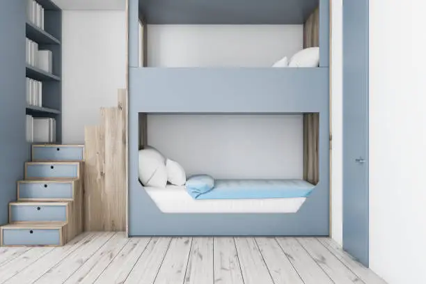 Interior of teenager bedroom with white walls, wooden floor, gray and wooden bunk bed and gray bookcase. 3d rendering