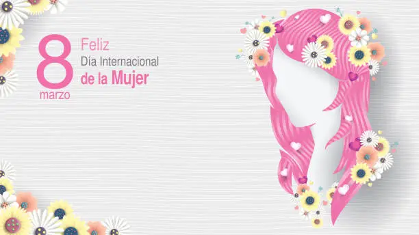 Vector illustration of Greeting Card of DIA INTERNATIONAL DE LA MUJER - INTERNATIONAL WOMEN S DAY in Spanish language. Silhouette of woman head with long pink hair decorated with hearts, white and yellow flowers on white background