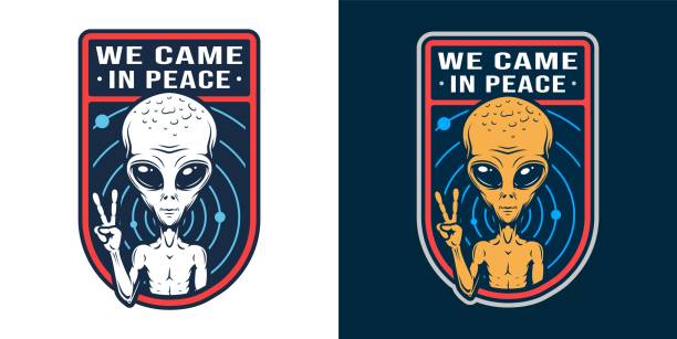 ilustrações de stock, clip art, desenhos animados e ícones de vintage space colorful badge - alien