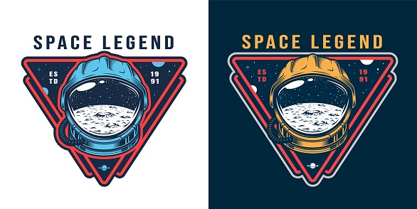 Vintage galaxy colorful label with moon surface and space stars in cosmonaut helmet isolated vector illustration