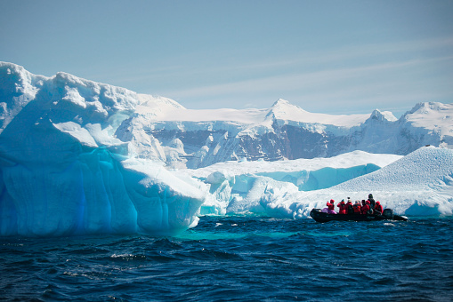 Gold Harbour, Antarctic - January 11, 2019: People visit the Antarctic coastline,People ride on rubber boats in ice.