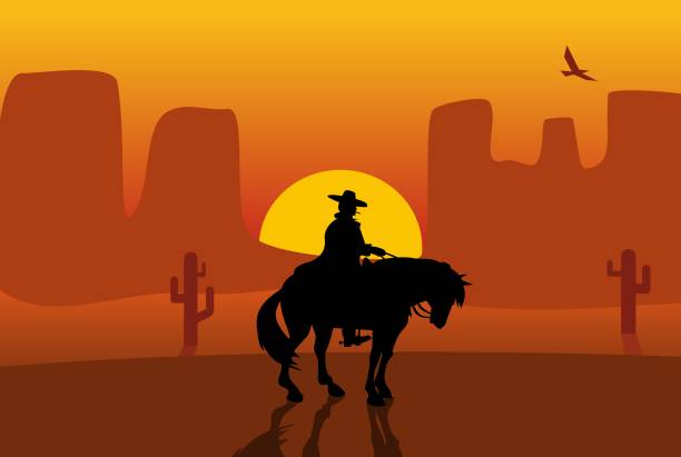 ilustrações de stock, clip art, desenhos animados e ícones de wild west gunslinger in a raincoat riding a horse. background the desert. - cowboy hat hat wild west black