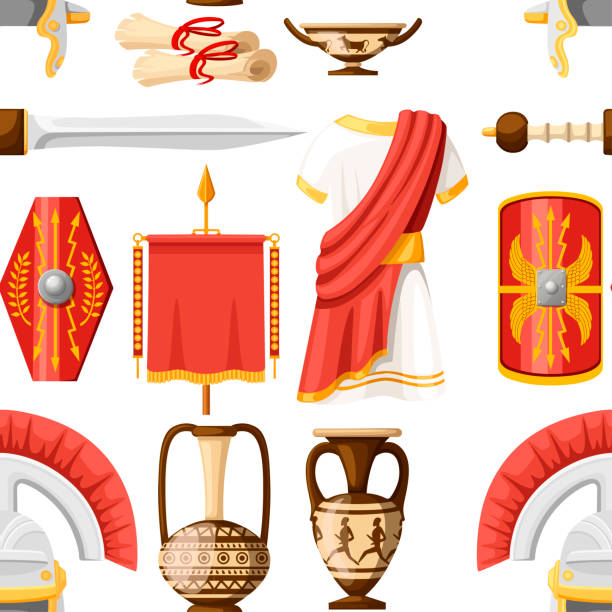 bezszwowy wzór. kolekcja starożytnych rzymskich ikon. ubrania, gladius, scutum, zwoje i ceramiczna zastawa stołowa. płaski ilustrator wektorowy izolowany na białym tle - toga stock illustrations