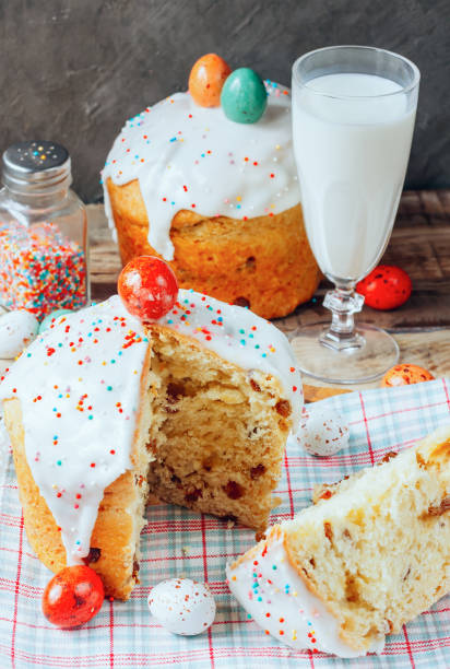 istock Easter composition with orthodox sweet bread, kulich and eggs 1130786836