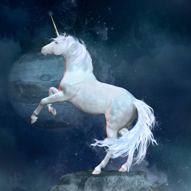 licorne de fantaisie sur un rocher - unicorn photos et images de collection