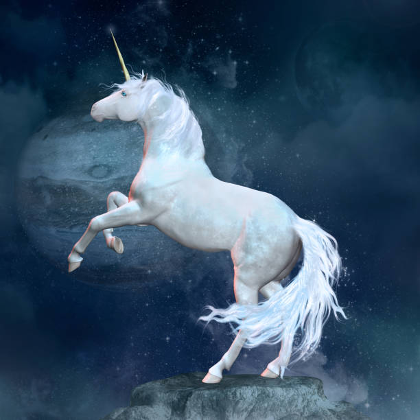 Fantasy unicorn over a rock Beautiful unicorn on a rock in a space scenery - 3D illustration unicorn stock pictures, royalty-free photos & images