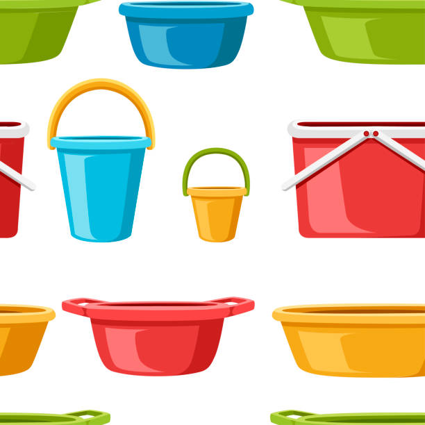 ilustrações de stock, clip art, desenhos animados e ícones de seamless pattern. collection of water containers. water buckets and basins. plastic products mass market. flat vector illustration on white background - plate plastic blue white background