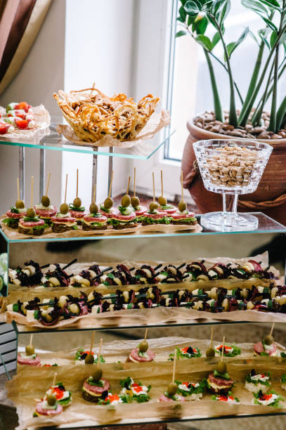 istock Light snacks in a plate on a buffet table. Assorted mini canapes, delicacies and snacks, restaurant food at event. Seafood. A gala reception. Decorated delicious table for a party goodies. 1130791241