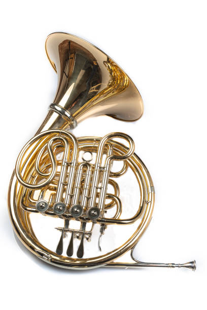 istock French horn on a white table. Beautiful polished musical instrument. Light background. 1130791455