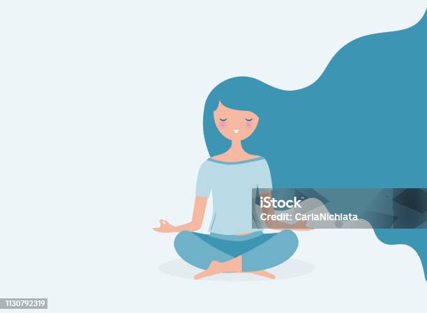 Junge Frau Meditiert Vektor Relax Concept Illustration Moderne Lange Haare Fließend Stock Vektor Art und mehr Bilder von Achtsamkeit - Persönlichkeitseigenschaft