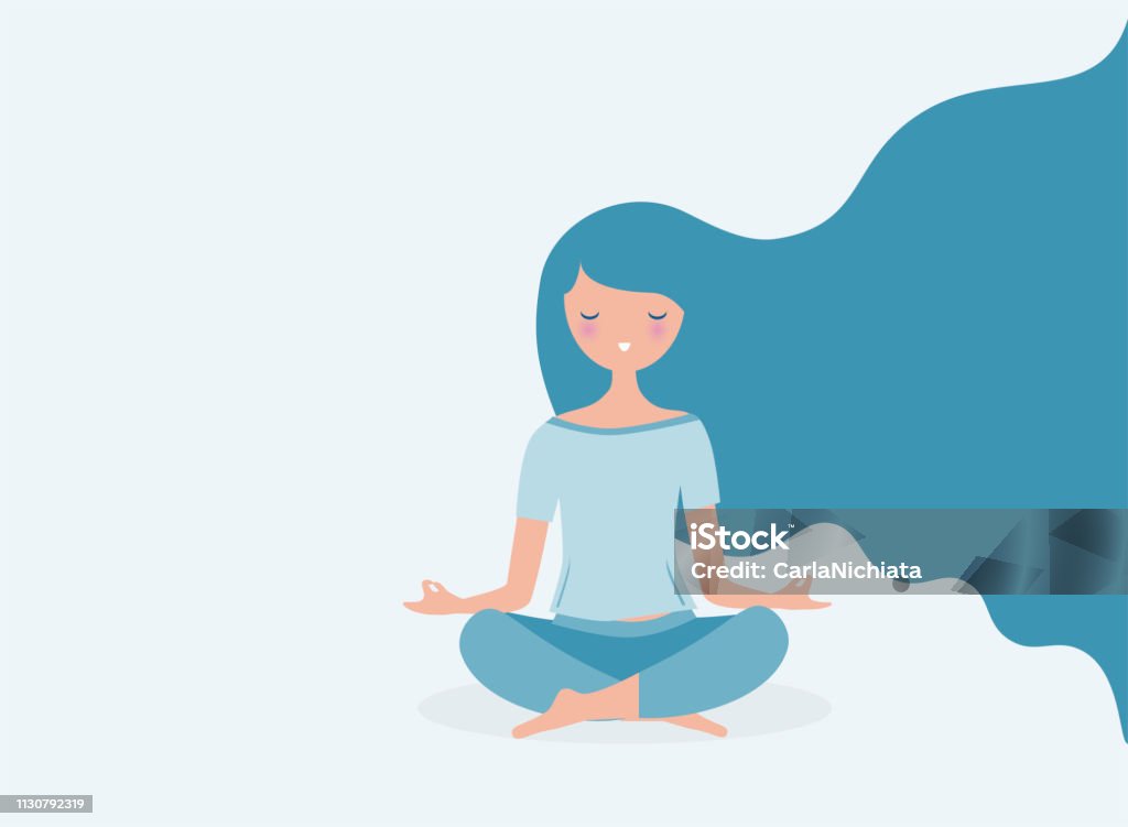 Jeune femme méditant vecteur. Illustration de concept de relax. Cheveux longs modernes coulant. - clipart vectoriel de Pleine conscience libre de droits