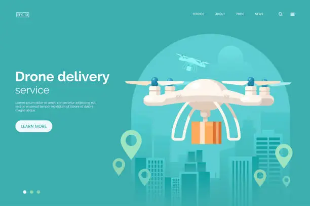 Vector illustration of Delivery drone with parcel box flying in city vector illustration. Quadcopter delivery service landing page concept. Large modern white cargo drone. Flat style. Eps 10.