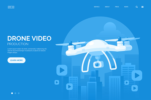 Drone with digital camera flying in city vector illustration. Shooting video from the drone landing page concept. Large modern white quadrocopter. Flat style. Eps 10.