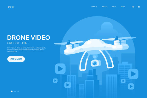 Drone with digital camera flying in city vector illustration. Shooting video from the drone landing page concept. Large modern white quadrocopter. Flat style. Eps 10. Drone with digital camera flying in city vector illustration. Shooting video from the drone landing page concept. Large modern white quadrocopter. Flat style. Eps 10. cityscape videos stock illustrations