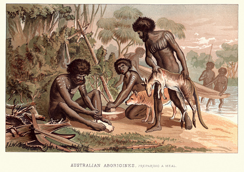Vintage engraving of men of the First Peoples of Australia, preparing a meal, 19th Century Australia