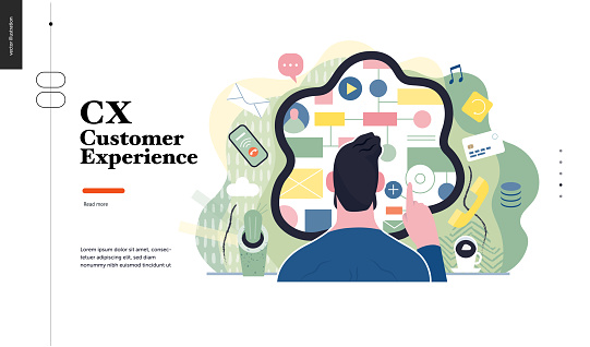 Technology 1 -CX customer experience - modern flat vector concept digital illustration of user or customer experience, a user in front of interface. Creative landing web page design template