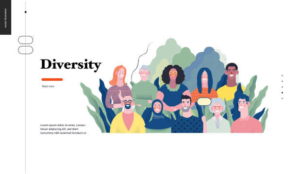 Technology topic illustration Technology 1 - Diversity - modern flat vector concept digital illustration of various people presenting person team diversity in the company. Creative landing web page design template family happiness stock illustrations