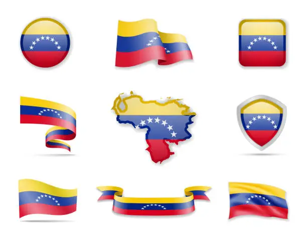 Vector illustration of Venezuela flags collection. Vector illustration set flags and outline of the country.