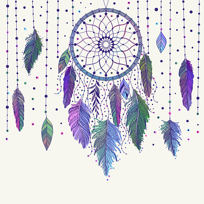Colorful hand drawn dreamcatcher with floral details and feathers, vector illustration, can be used for boho art design invitation, postcard.