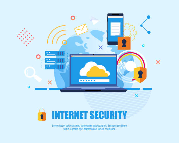 ilustrações de stock, clip art, desenhos animados e ícones de flat banner internet security blue background. - technology business support violence