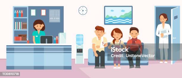 Patients In Hospital Reception Flat Illustration Stock Illustration - Download Image Now - Emergency Room, Aging Process, Arm