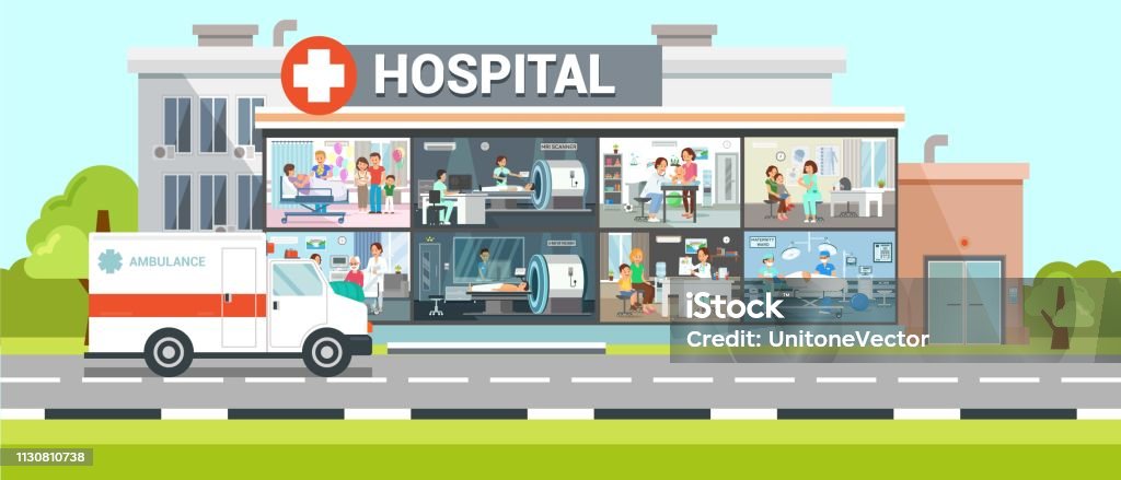 Hospital Inside View Flat Vector Illustration Hospital Inside View Flat Vector Illustration. Modern Clinic Interior with Furniture and Equipment. Building Exterior, Ambulance Car. Doctors Working in Rooms. Medical Color Poster, Banner Idea Hospital stock vector