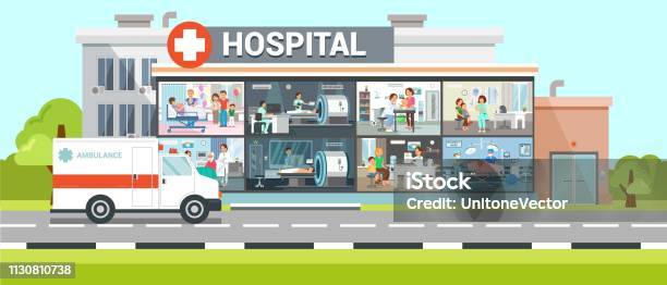 Hospital Inside View Flat Vector Illustration Stock Illustration - Download Image Now - Hospital, Plan - Document, Cartoon