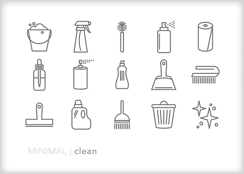 Set of 15 gray cleaning line icons of cleaning tools and chemicals including brushes, soapy water, cleaning solution, spray bottle, paper towels, dust pan, essential oil, broom and other items
