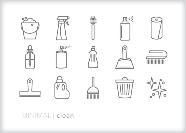 Set of 15 house cleaning line icons of tools to scrub, wash and tidy up the kitchen, living room, bedroom or whole house Set of 15 gray cleaning line icons of cleaning tools and chemicals including brushes, soapy water, cleaning solution, spray bottle, paper towels, dust pan, essential oil, broom and other items paper towel stock illustrations