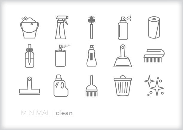 Set of 15 house cleaning line icons of tools to scrub, wash and tidy up the kitchen, living room, bedroom or whole house Set of 15 gray cleaning line icons of cleaning tools and chemicals including brushes, soapy water, cleaning solution, spray bottle, paper towels, dust pan, essential oil, broom and other items spray bottle stock illustrations