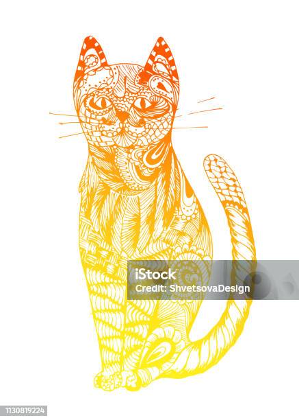 Cat Sitting Zentangle Stylized Vector Illustration Pattern Freehand Pencil Hand Drawn Zen Art Ornate Lace Stock Illustration - Download Image Now