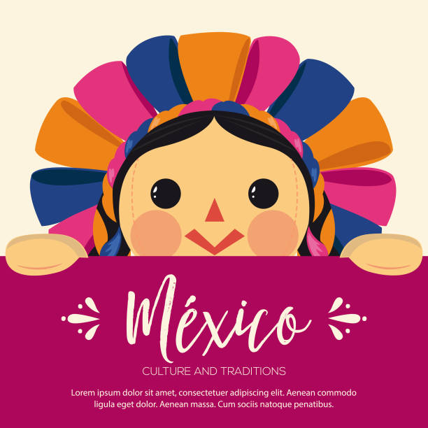 ilustrações, clipart, desenhos animados e ícones de boneca tradicional mexicana, maria com sinal - paleta de cores