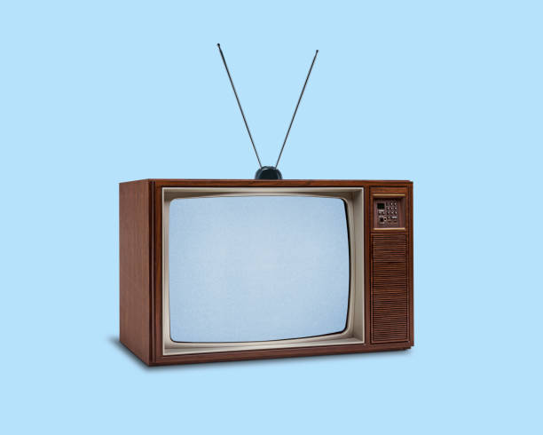 retro 1970's television on blue background - television aerial antenna television broadcasting imagens e fotografias de stock