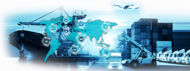 istock Logistics and transportation of Container Cargo ship and Cargo plane with working crane bridge in shipyard at sunrise, logistic import export and transport industry background 1130824402