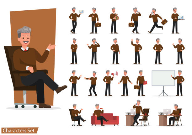 illustrazioni stock, clip art, cartoni animati e icone di tendenza di set di design vettoriale del personaggio uomo d'affari che fa gesti diversi. presentazione in varie azioni con emozioni, corsa, stando in piedi, camminando e lavorando. - manager portrait leadership men