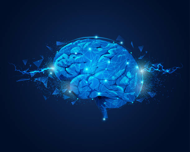 brain power concept of brain power, graphic of brain with lightning and broken polygon element lobe illustrations stock illustrations