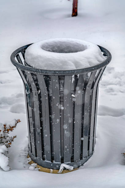 istock Garbage can on snow covered ground in winter 1130828350