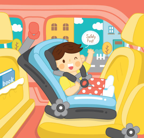 baby sitting car seat in car vector baby safety and happy in car seat safety first stock illustrations