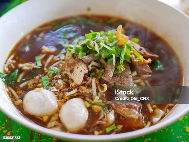 Closeup Of Fresh Noodles Soup With Pork And Its Tasty Thick Broth Delicious And Healthy Street Food In Thailand Stock Photo - Download Image Now