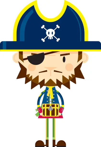 Vector illustration of Cartoon Eye Patch Pirate Captain with Treasure