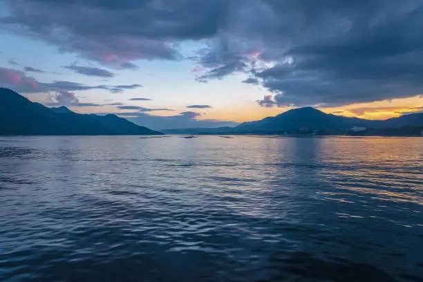 Beautiful evening scenery of the Onoseto straits in Hiroshima, Japan