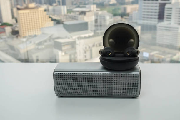 istock portable bluetooth speaker and wireless earphone in black trendy case for music 1130833094