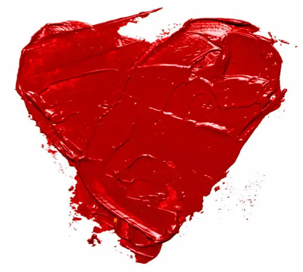 Photo of red oil color hand drawn heart, isolated on white background.
