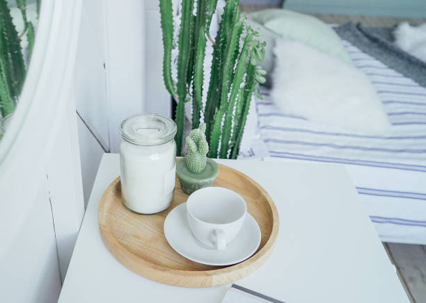 istock Scandinavian modern interior, white table and mirror in bedroom, minimalism 1130835191